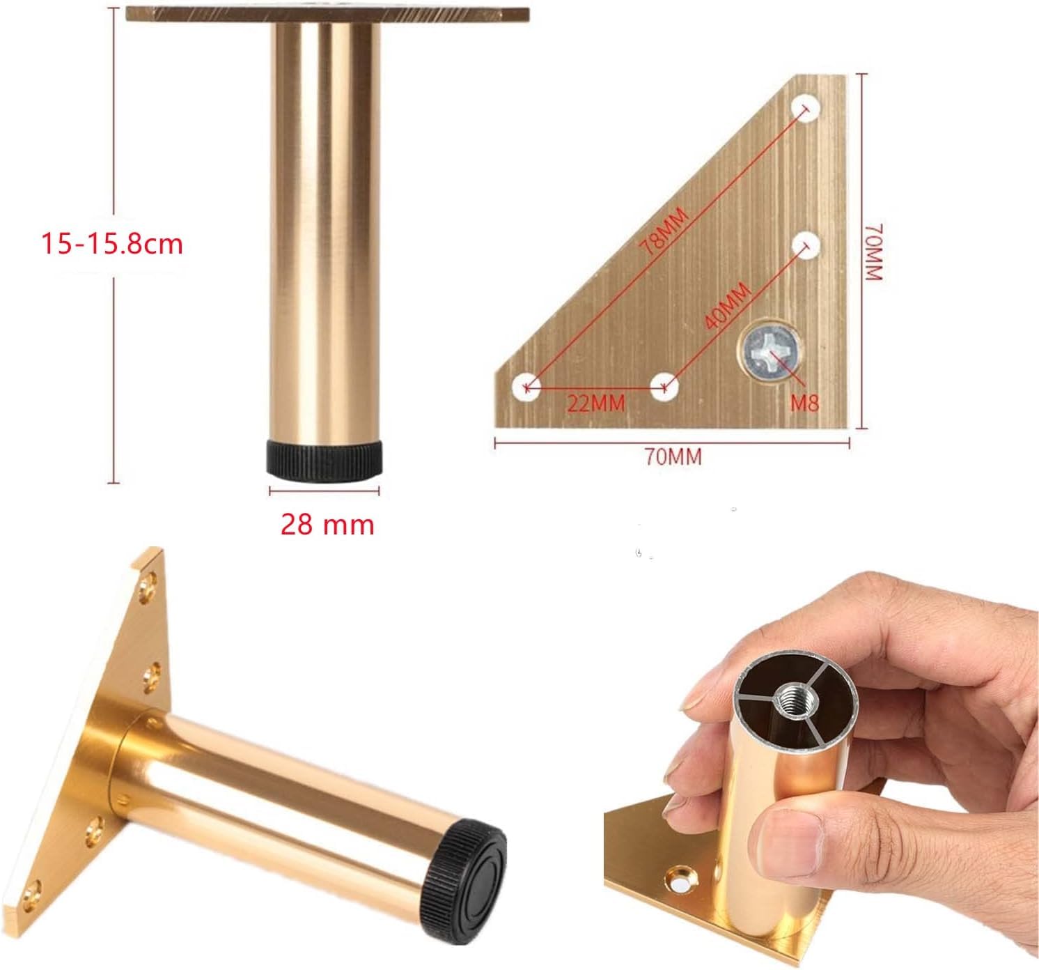4 Piezas Patas Mueble Regulables, Patas para mesas Metal, elevadores de Muebles del Mueble baño, Cocina, somier, mesitas de Noche, canape, mesas de café, Consolas, Regulables de 40-40,8 cm,Oro