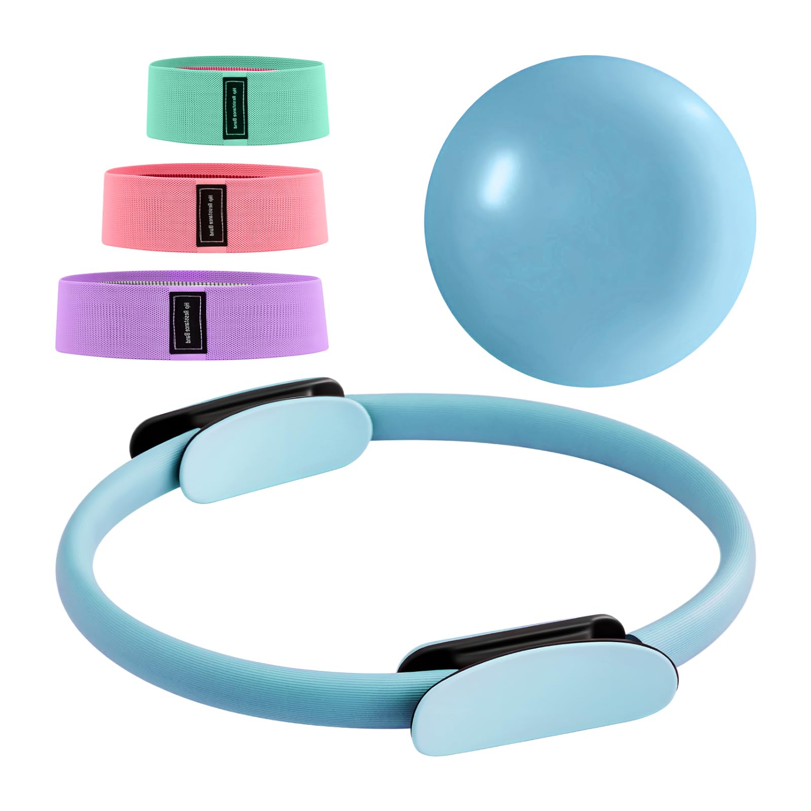 M.J COMFY-LIFE 14" Pilates Ring Set with Double Padded Handles Includes 9" Blast-Proof Mini Ball and 3 Resistance Bands (20/30/45 lbs) with Storage Bag Perfect for Home Gym Pilates Equipment (Blue)