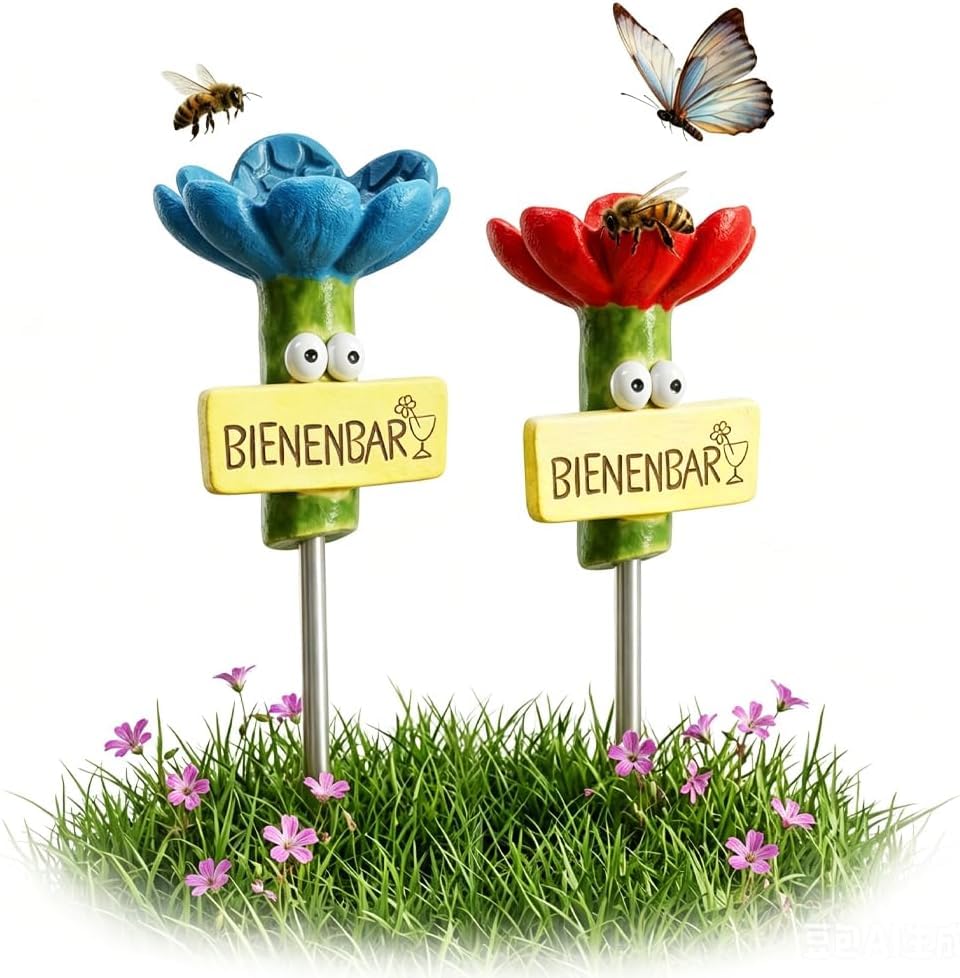 2Pcs Bee Watering Station for Garden, Red and Blue Flower Bee Cups for Garden, Insect Water Feeder and Butterfly Drinking Station, Durable Plastic Bee Bath for Outdoor Yard Patio Decor