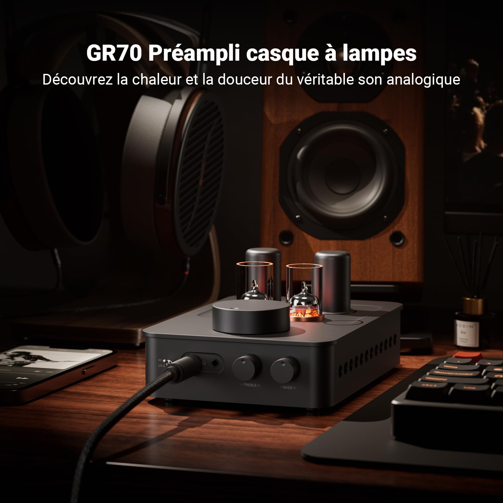 Fosi Audio GR70 Préampli Casque à Lampes, Amplificateur à Lampes Authentique avec Vide 5654W x 2 et 6AC7 x 2, Mini Préamplificateur HiFi pour Audio Domestique, Impédance de 16 à 300 ohms