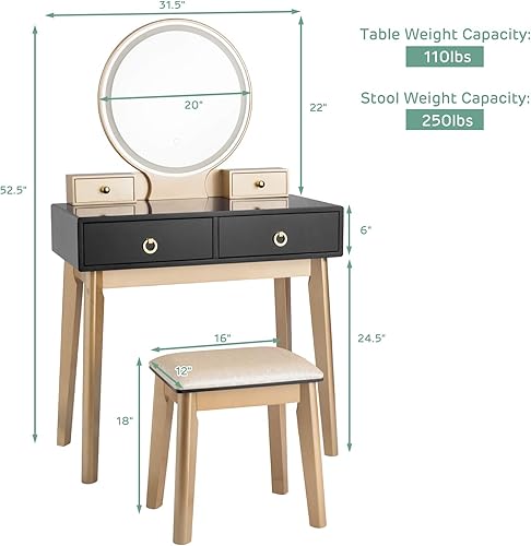 Miniatura 6 de COSTWAY Juego de mesa de tocador con espejo iluminado LED, juego de tocador de maquillaje con 3 modos de iluminación de color y brillo ajustable,