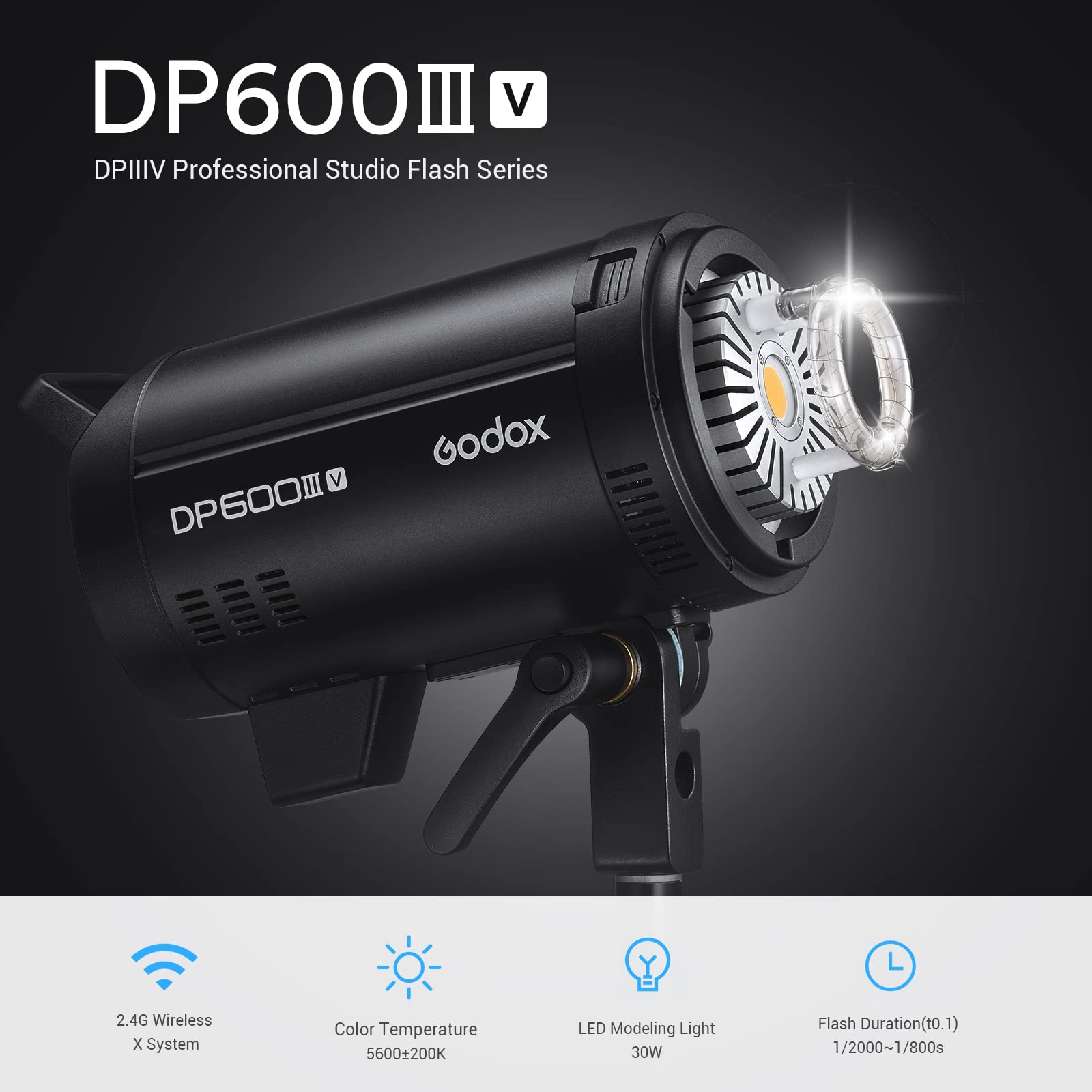 Godox DP600III-V Flash da studio,GN106 Tempo di riciclo 0,1-1S,1/2000-1/800s Durata flash, Sistema 2.4G X,Supporto Bowens con lampada da modellazione a LED da 30 W per matrimoni,fotografia di ritratti