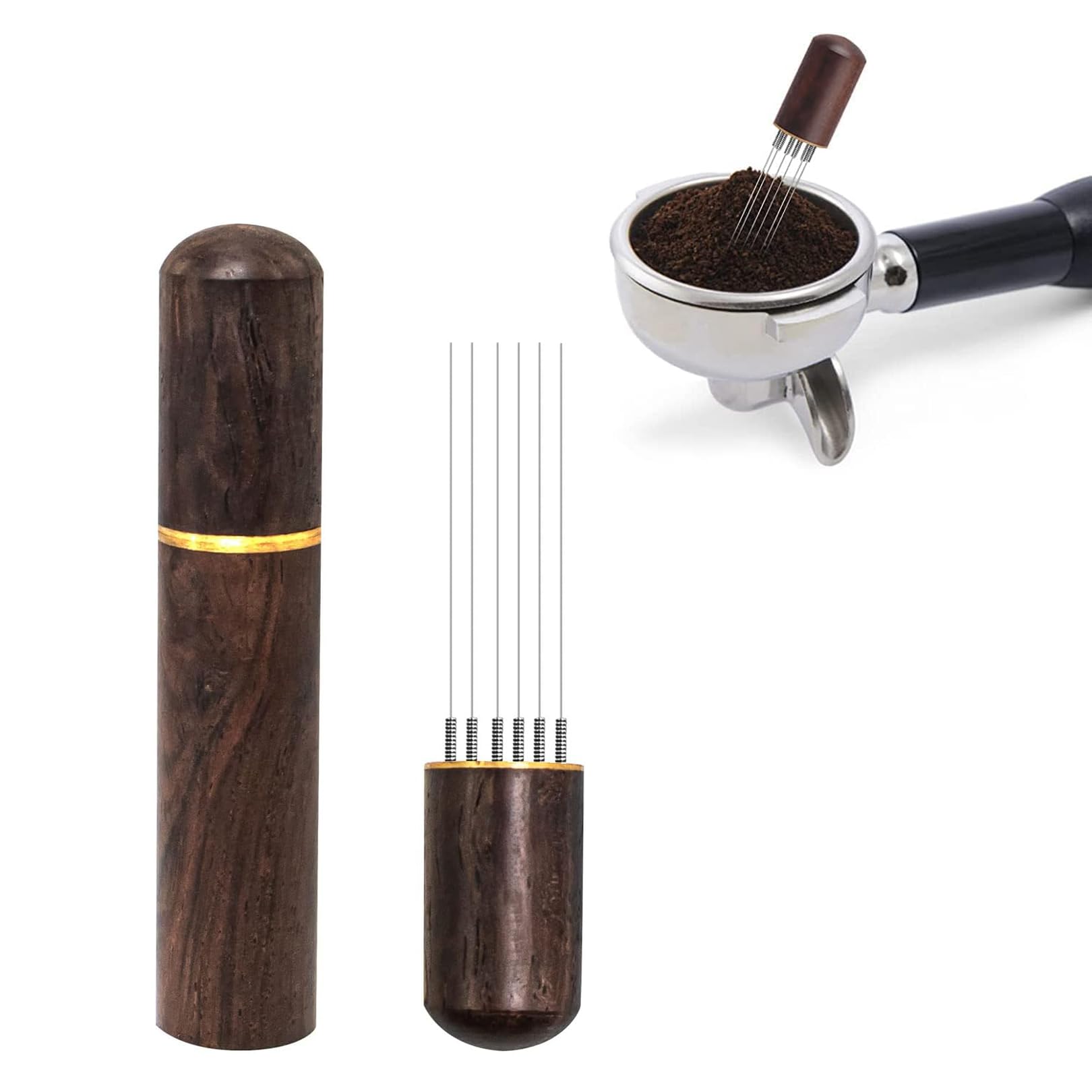 Coffee Needle Distributor, 6 Needles 0.4mm Espresso Distribution Tools, Thick Espresso Stirrer, Natural Wood Handle, Professional Barista Hand Needle Type Distribution Tool
