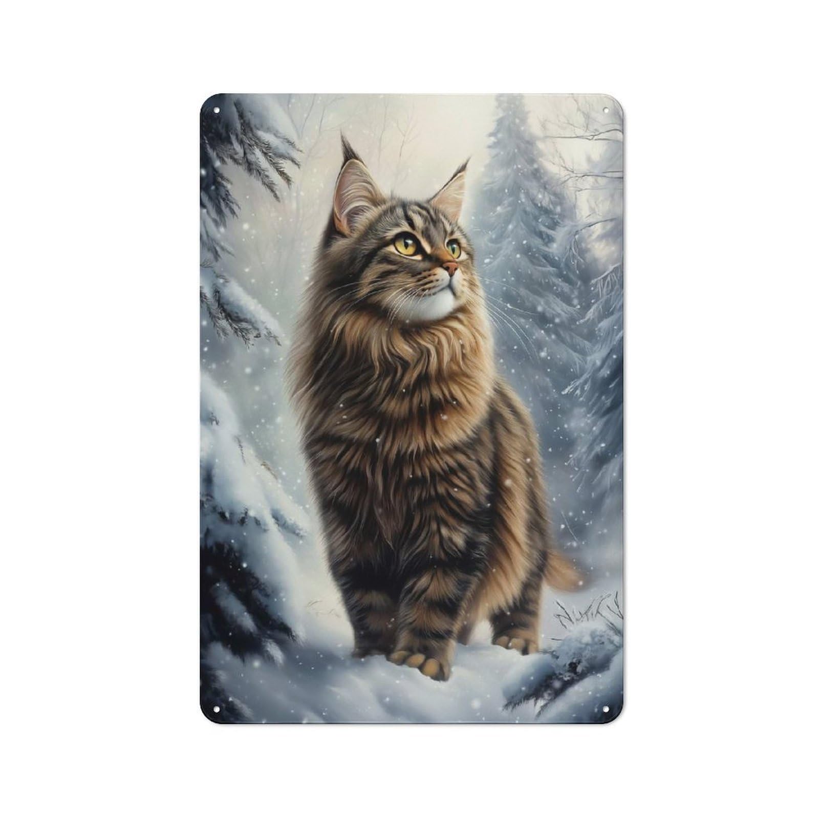Junmoney Style-3 Norwegian Forest Cat In Winter Rustic Metal Plaque 30X20cm For Café Or Restaurant, Wall Decor For People Reorganising Café And Restaurant