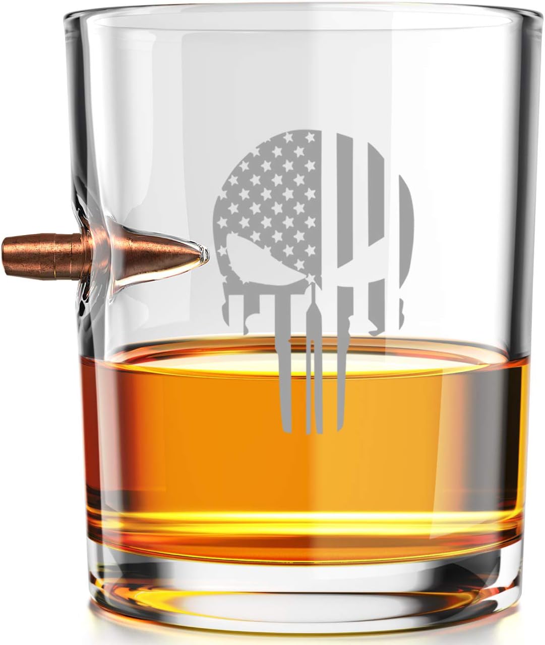 Skull Flag - .308 Real Solid Copper Projectile Hand Blown Old Fashioned Whiskey Rocks Glass