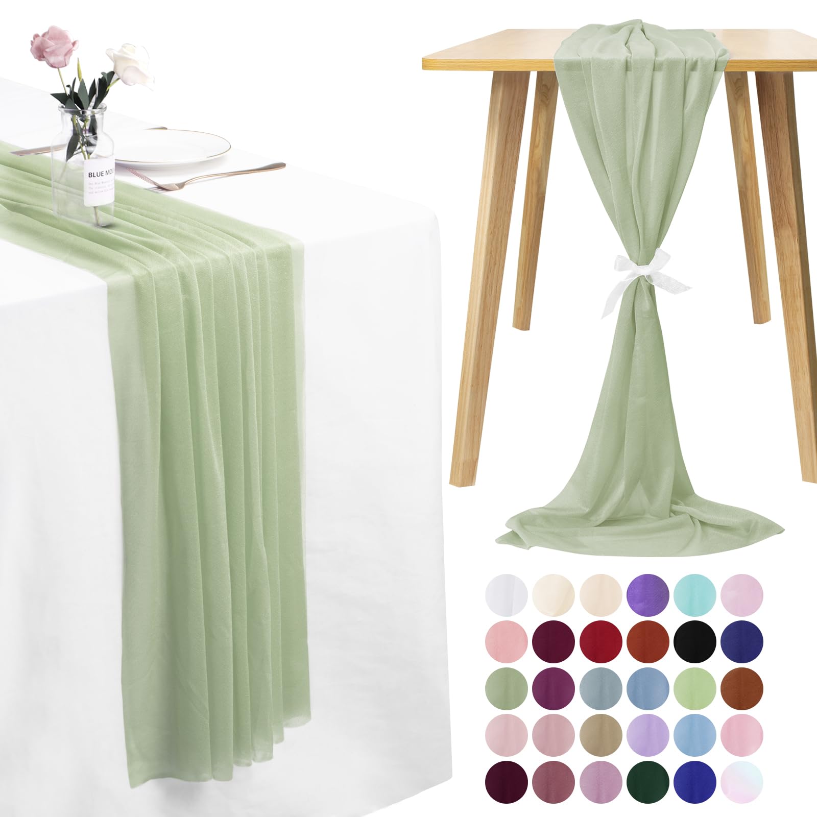 LEREATI Cheesecloth Table Runner Sage Green Chiffon Table Runner 75cm x 400cm Gauze Sheer Table Runner Tulle Cheese Cloth Tablerunner for Party, Wedding, Christmas, Shower Decorations
