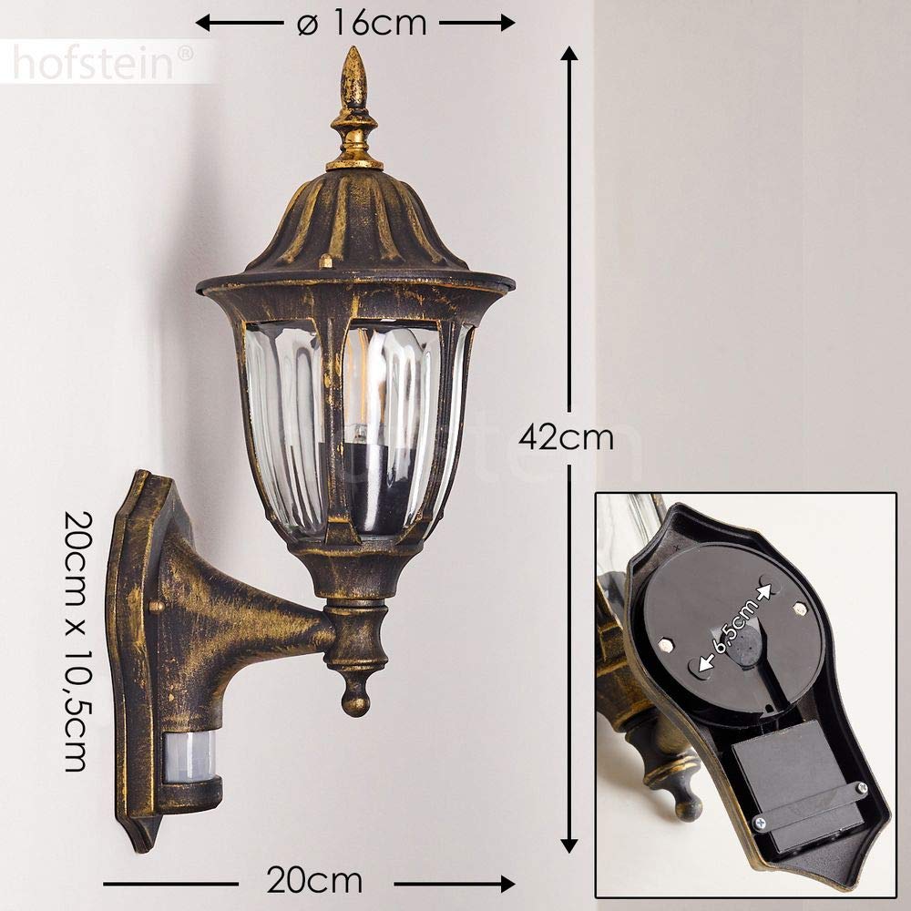Lampada da parete per esterni Ribadeo, rilevatore di movimento, lampada verso l'alto in stile antico, alluminio fuso in marrone/oro, vetri, per terrazza/giardino, E27, retro/vintage, senza lampadina/e
