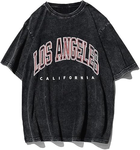 Remidoo Womens Oversized T Shirts Washed Short Sleeve Los Angeles Graphic Tee Shirt Grey Large