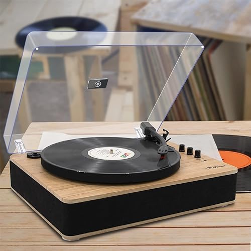 Miniatura 7 de Tocadiscos de vinilo de 3 velocidades con transmisión por correa con altavoces estéreo y reproducción y grabación USB (madera clara)