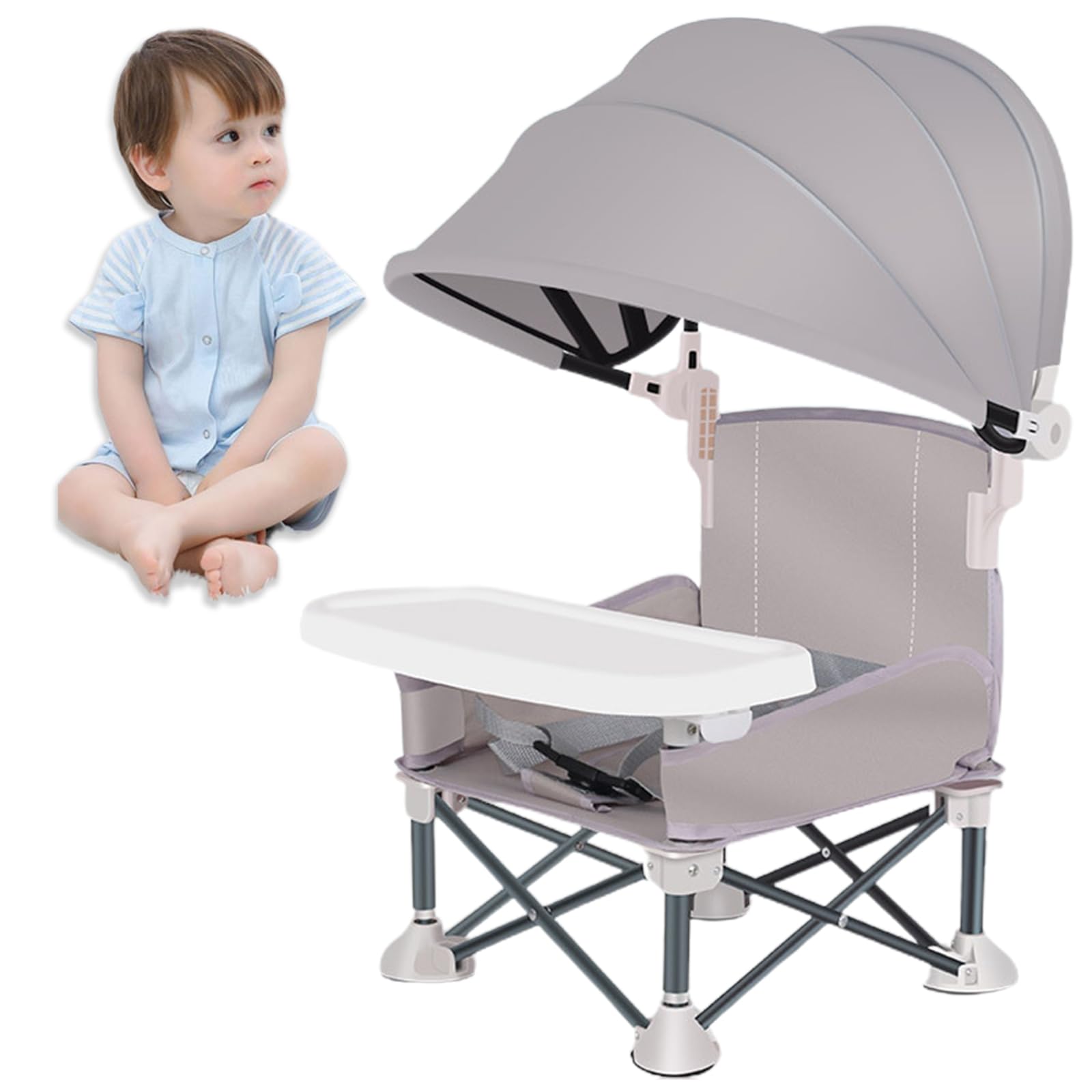 Dsongo Foldable Baby Booster Seat Dining Chair, Travel Camping Booster Seat with Tray, Toddler Dining Baby Feeding Chair for Outdoor Picnic (Grey)