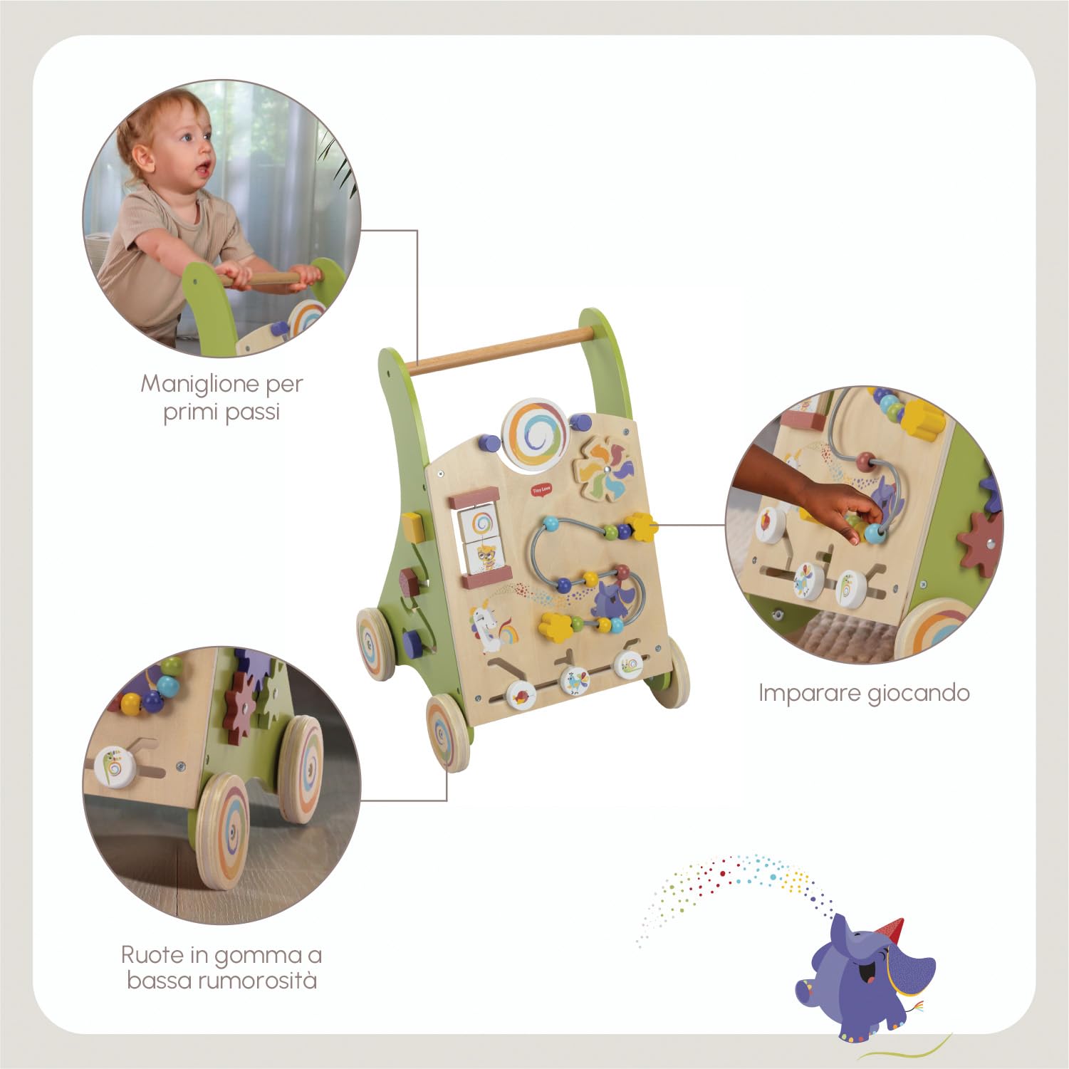Tiny Love Walk Behind Carrello Primi Passi in Legno e Centro Attività Montessori, 12 Giochi Interattivi, Supporta Capacità Motorie e Sviluppo, Ruote Gommate Antiscivolo, 12+ Mesi, Born To Party