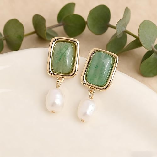 Miniatura 6 de Sonateomber Gold Gemstone Dangle Drop Earrings for Women,Chunky Statement Pearl Square Natural Stone Healing Dangling Earings Prom Wedding