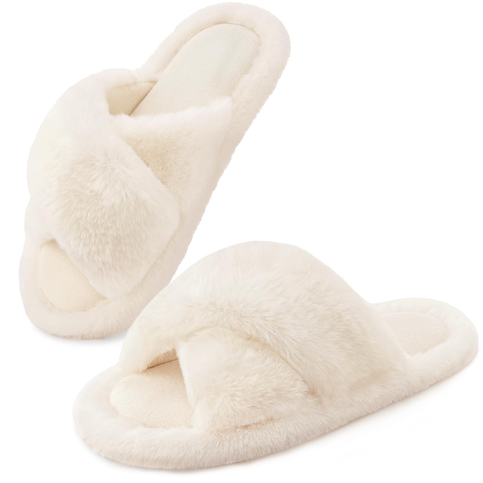 Snug Leaves Women's Fluffy Cross band Open Toe Slippers with Indoor Outdoor Non Slip Sole Elegant White,9-10 US