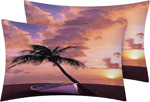 Miniatura 2 de Juego de sábanas de playa divididas tamaño King para camas ajustables, palmeras tropicales al atardecer, juego de 5 piezas, microfibra suave con