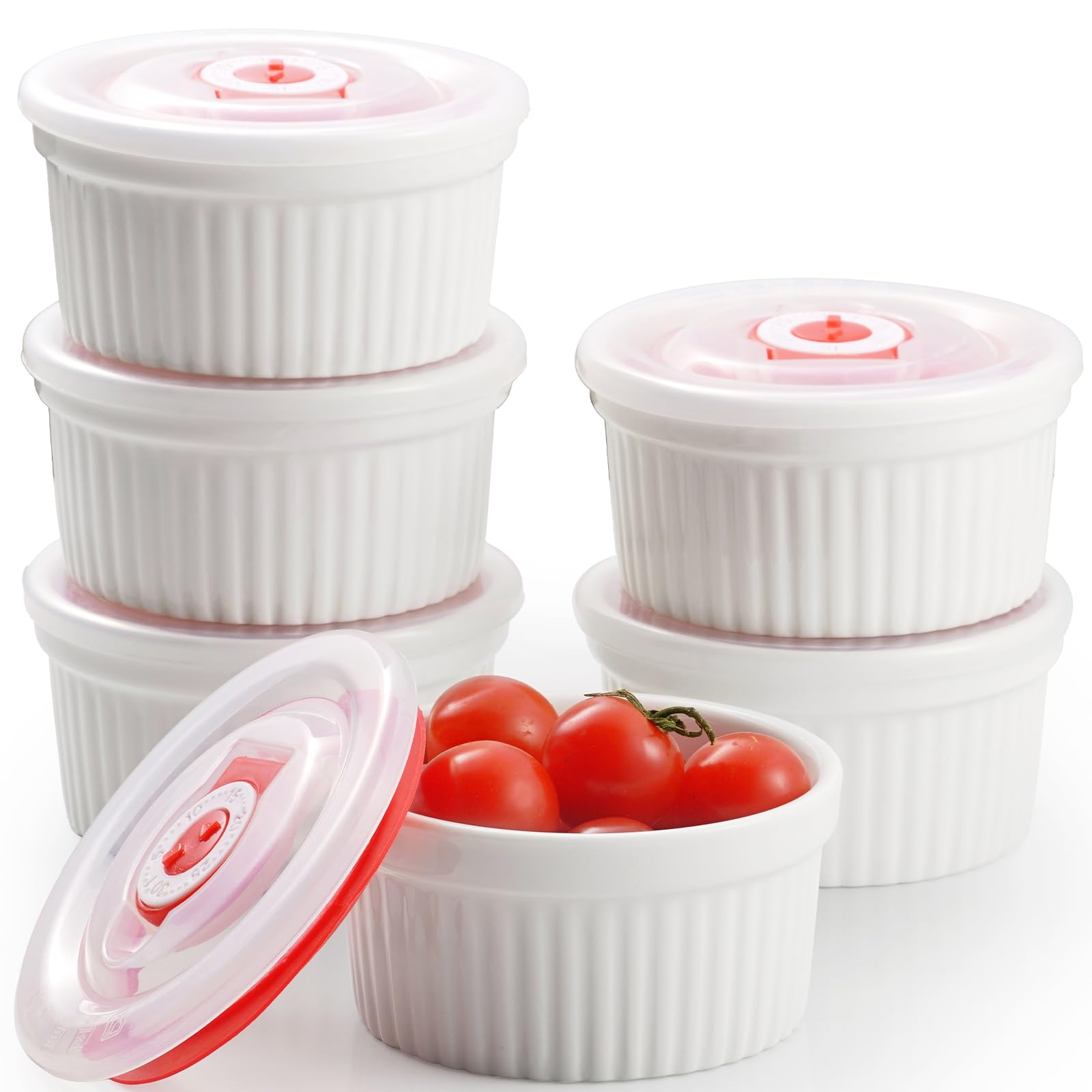 Dafuceramic Ramequines con tapas, 12 onzas, color blanco, creme brulee ramequines de cerámica aptos para horno, juego de 6 natillas de porcelana para hornear, apto para lavavajillas y microondas