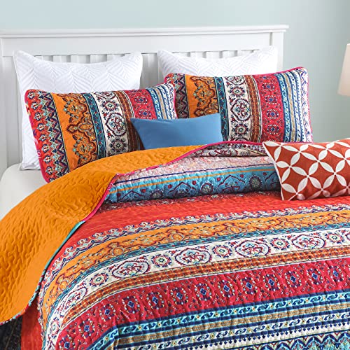 Boho Queen Quilt Set, Orange And Blue Bohemian Queen Quilt Bedding Set, Lightweight Bed Decor Bedspread For All Season 96"X90"(3 Pieces) #TOP1