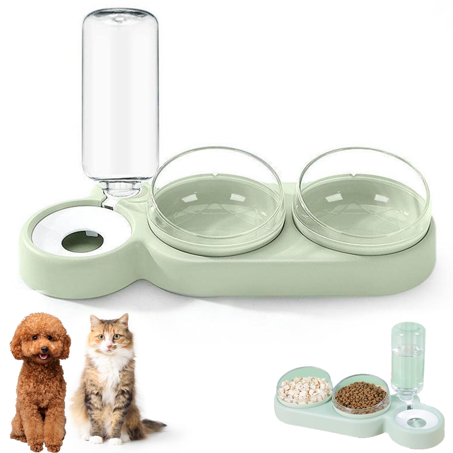 ANIROY 3 in 1 Cat Food and Water Bowl Set with 15° Tilted and 360° Rotating, Anti-Spill Feeder with Stand, Double Cat Bowl with Automatic Water Dispenser (Green)