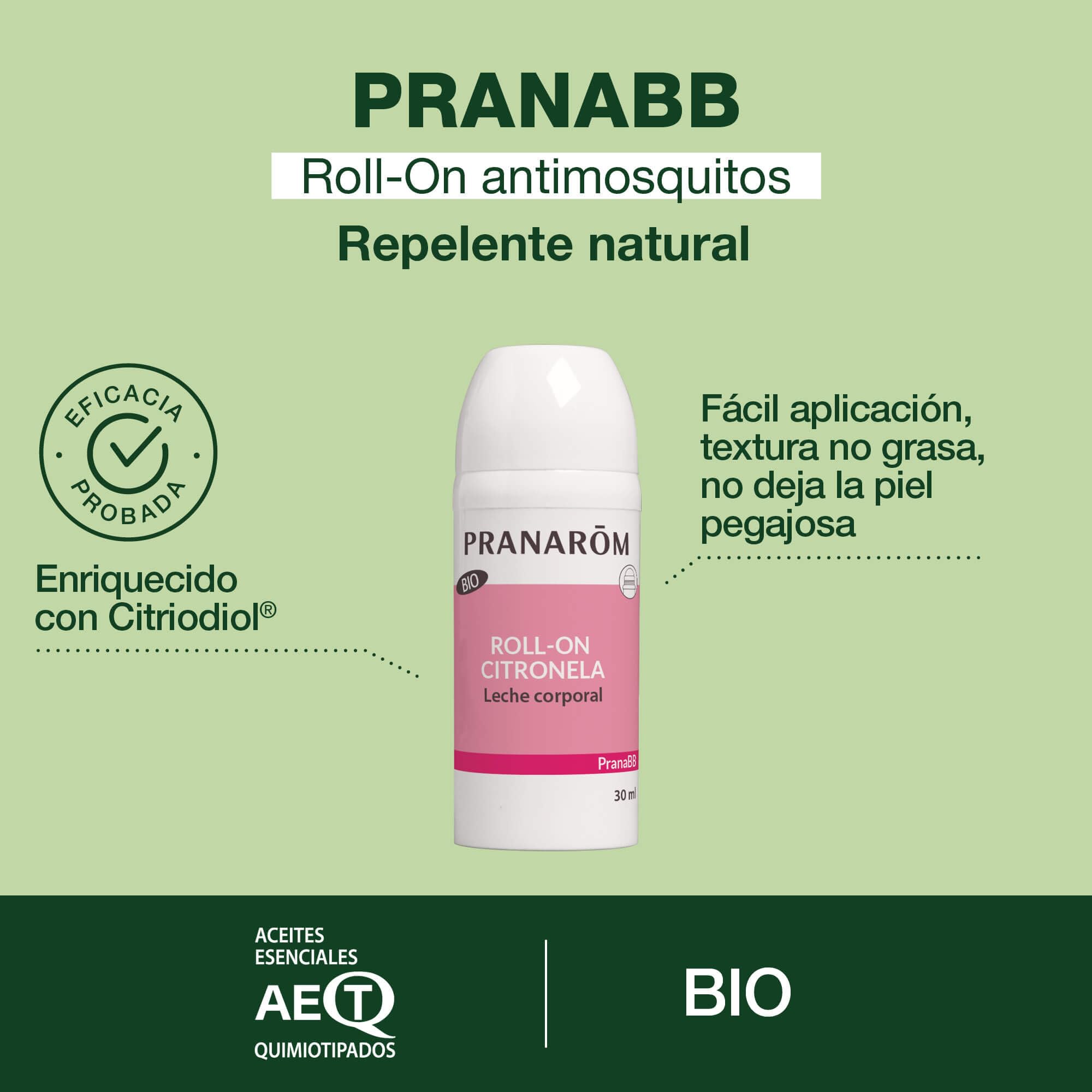 PRANARÔM PranaBB Roll-On Antimosquitos BIO – Protección 7 Horas – Repelente Natural con Aceites Esenciales Orgánicos – Uso Familiar – 30 ml