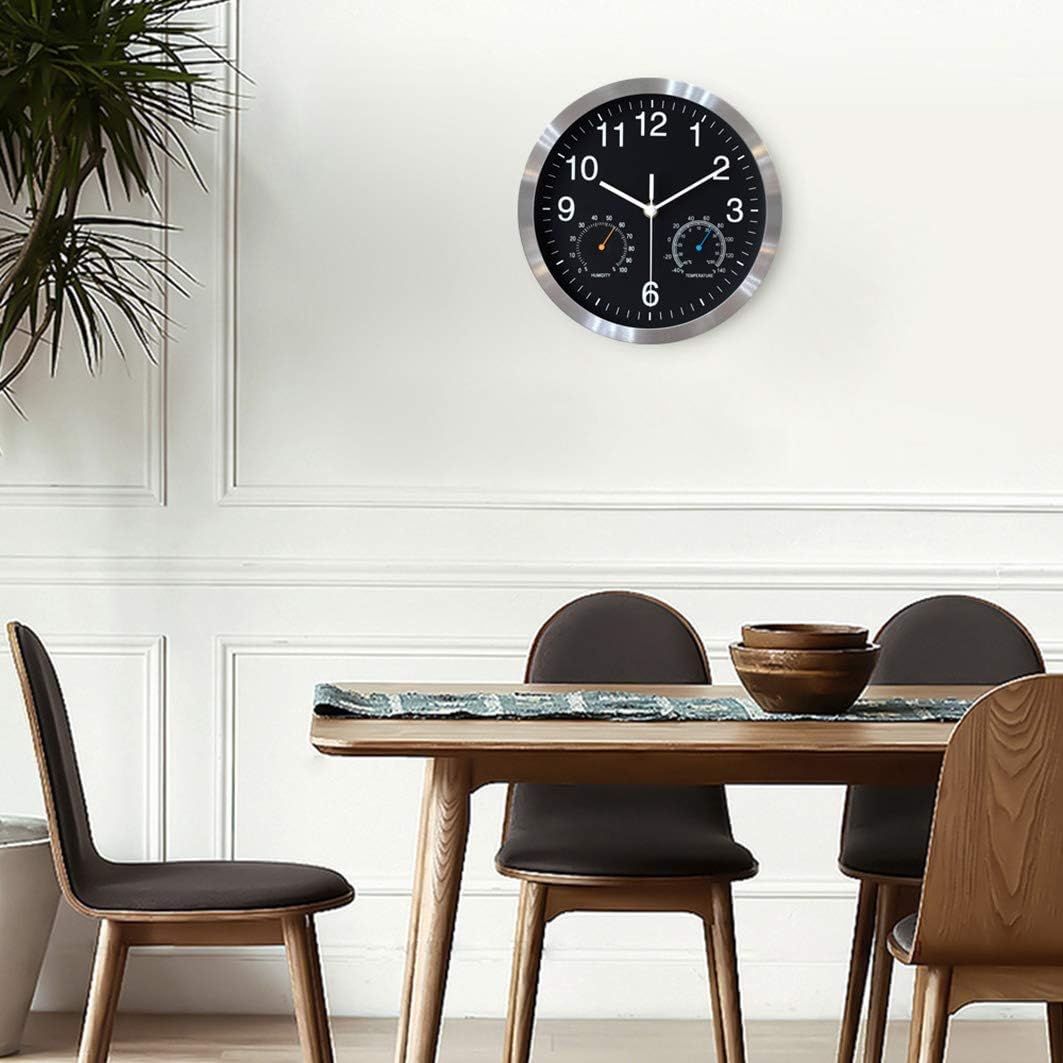 Non Ticking Silent Wall Clock, 10 Inch, Black, Quartz Analog, Battery Operated, with Thermometer and Hygrometer, Easy Installation
