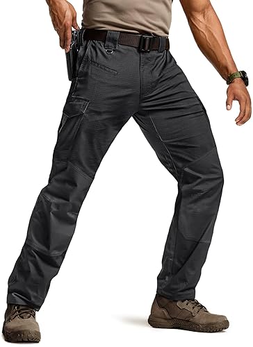 CQR Men's Flex Ripstop Tactical Pants, Water Resistant Stretch Cargo Pants, Lightweight EDC Hiking Work Pants - Marauder Black - 32W x 30L