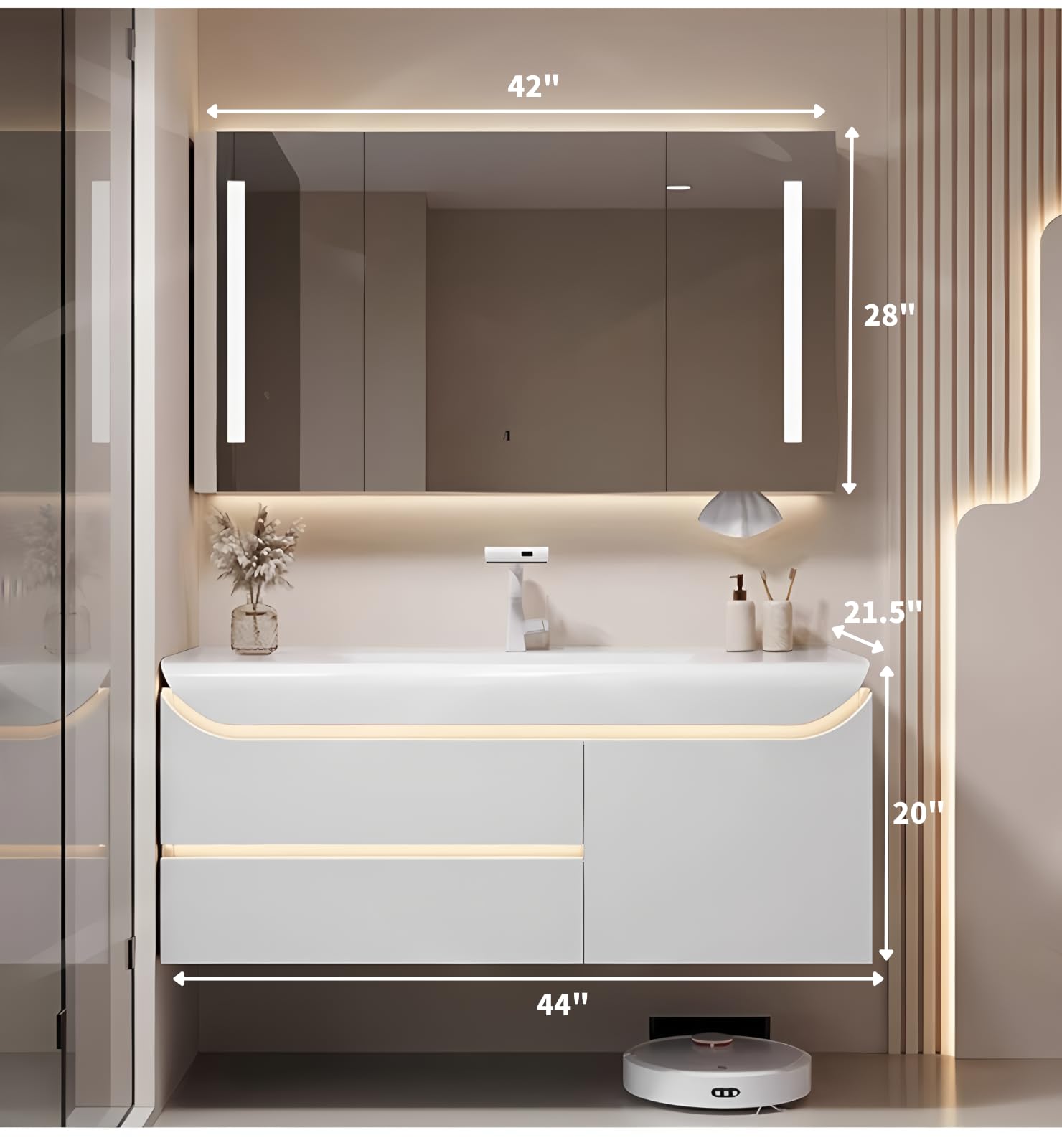 Moderno set da bagno da 111,8 cm con specchio LED Smart Defog design fluttuante con sensore di luce – elegante finitura bianca per spazi contemporanei