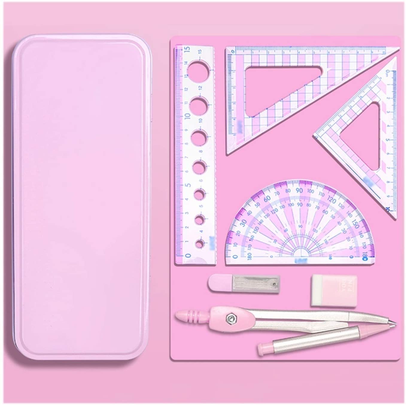 Zirkel-Set Grün/Blau/Pink Multifunktions-Zirkel-Lineal-Sets Professionelle Zeichenwerkzeuge 7-teilig Schul-/Bürobedarf Mathematik-Geometrie-Kit-Set Geometrie-Set(Pink)