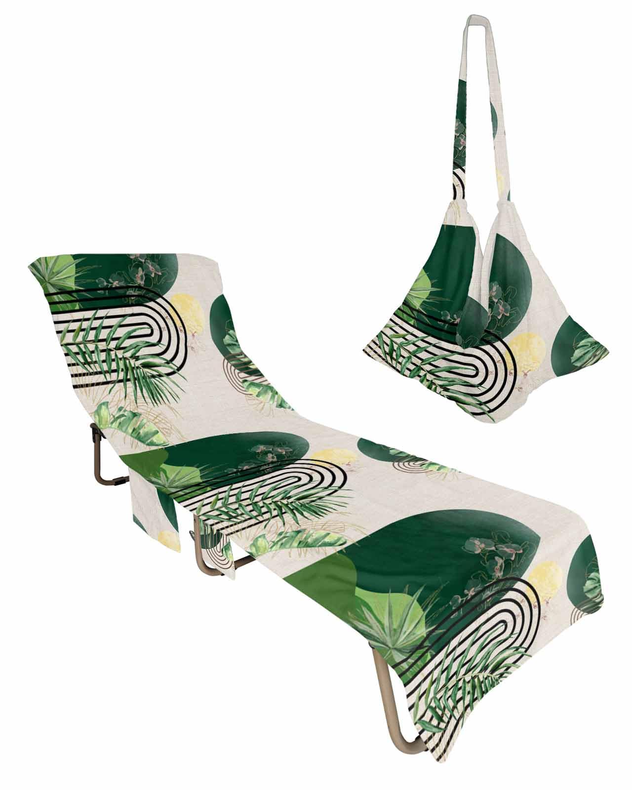 Abstract Boho Beach Chair Towel Covers for Chaise Lounge with Side Pocket, Soft Plush Pool Towels Cover for Patio Sunbathing Outdoor 29''x85'' Green Golden Vintage Sun Leaves Watercolor