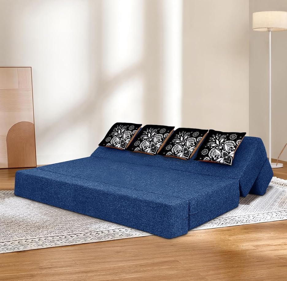 Image of Rosebell Three Seater Sofa Cum Bed | Jute Fabric Washable Cover | with Cushion Perfect for Guest | Blue-Color | 6' X 6' Feet