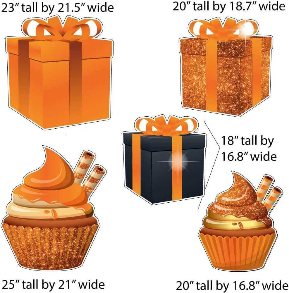 VictoryStore Birthday Decorations - Set of 10 Sparkle Accessories Outdoor Signs Package, Cupcake, Presents, Balloon Yard Sign (Orange 18832)