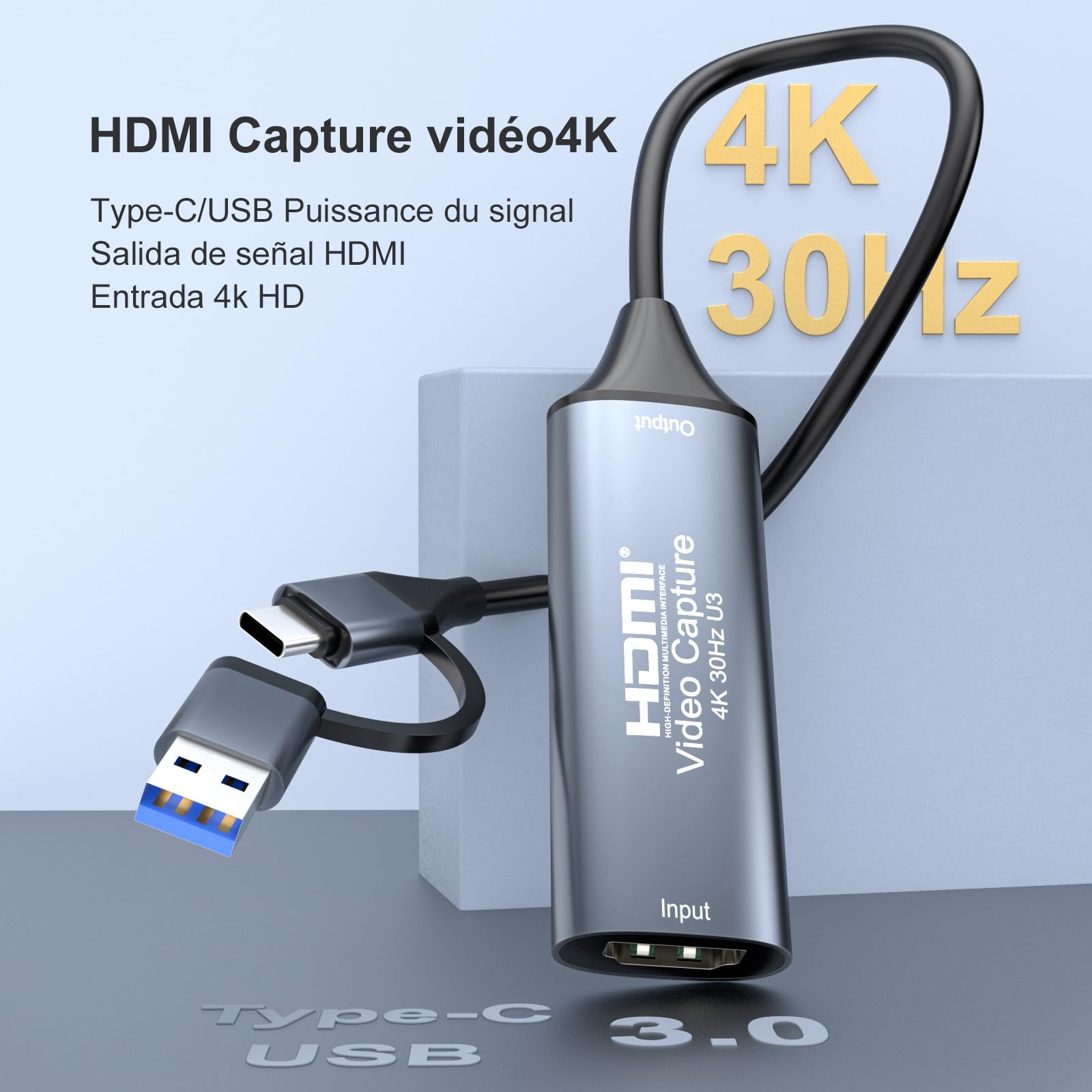Tarjeta de Captura de Video HDMI 4K@30Hz/1080P@60Hz, Dispositivo de transmisión USB 3.0 y Type-C para Juegos/difusión en Vivo, aleación de Aluminio. — view 2