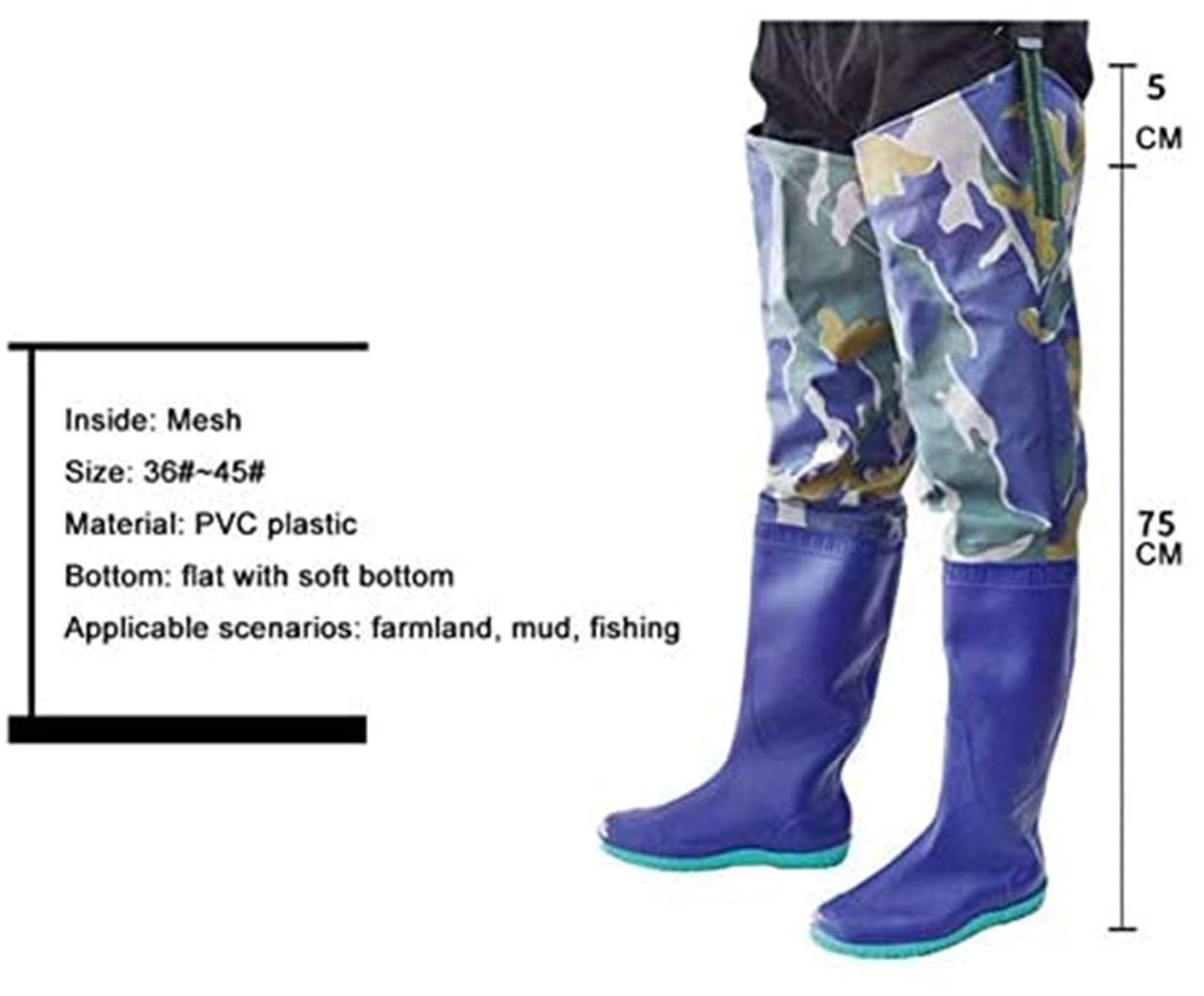 Leichte Atmungsaktive PVC-Angel Stiefel, 60cm Höhe Blau Tarnung Waders Schuhe, Wasserdichter und rutschfest Outdoor-Hose Hip Boots für Männer, Frauen