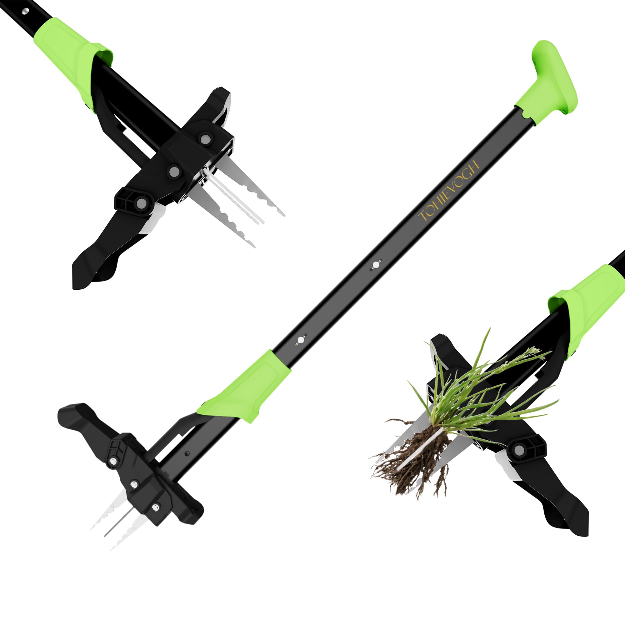 TohieVogh 100 cm Unkrautstecher, Stand up Unkraut Entferner Gerät mit 4 Klauen, Langstielige Unkrautentferner für Garten Rasen, Wurzelentferner für Löwenzahn, Grün