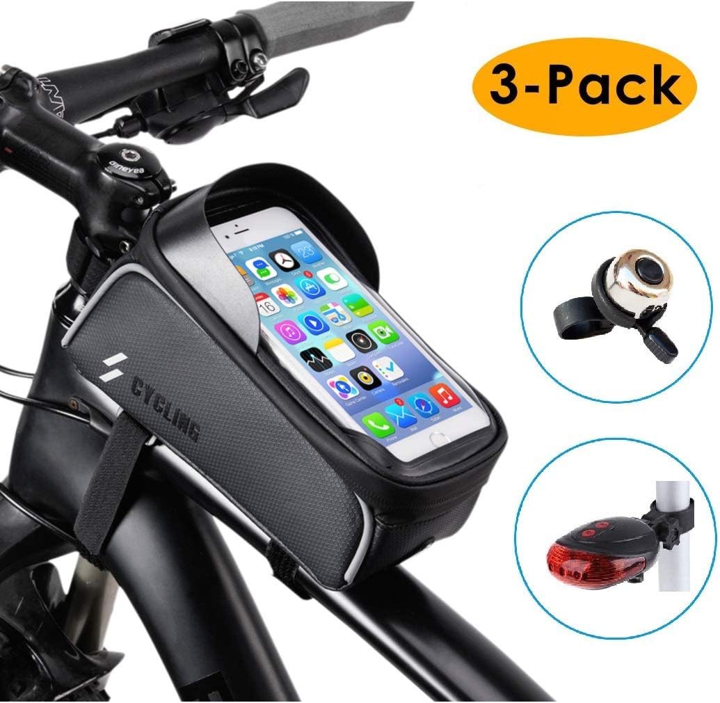 YuStar 3-Pack Bike Frame Bag Tail Light Bell Set, Waterproof Mountain Road Bicycle Front Top Tube Touchscreen Pouch for iPhone Samsung and other Smartphone Below 6.5 Inch