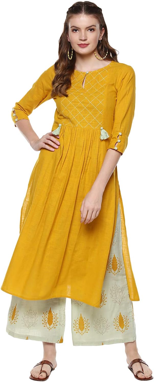 Women's Mustard and Sage Green Straight Cotton Kurta With Palazzo Pant Set Dress