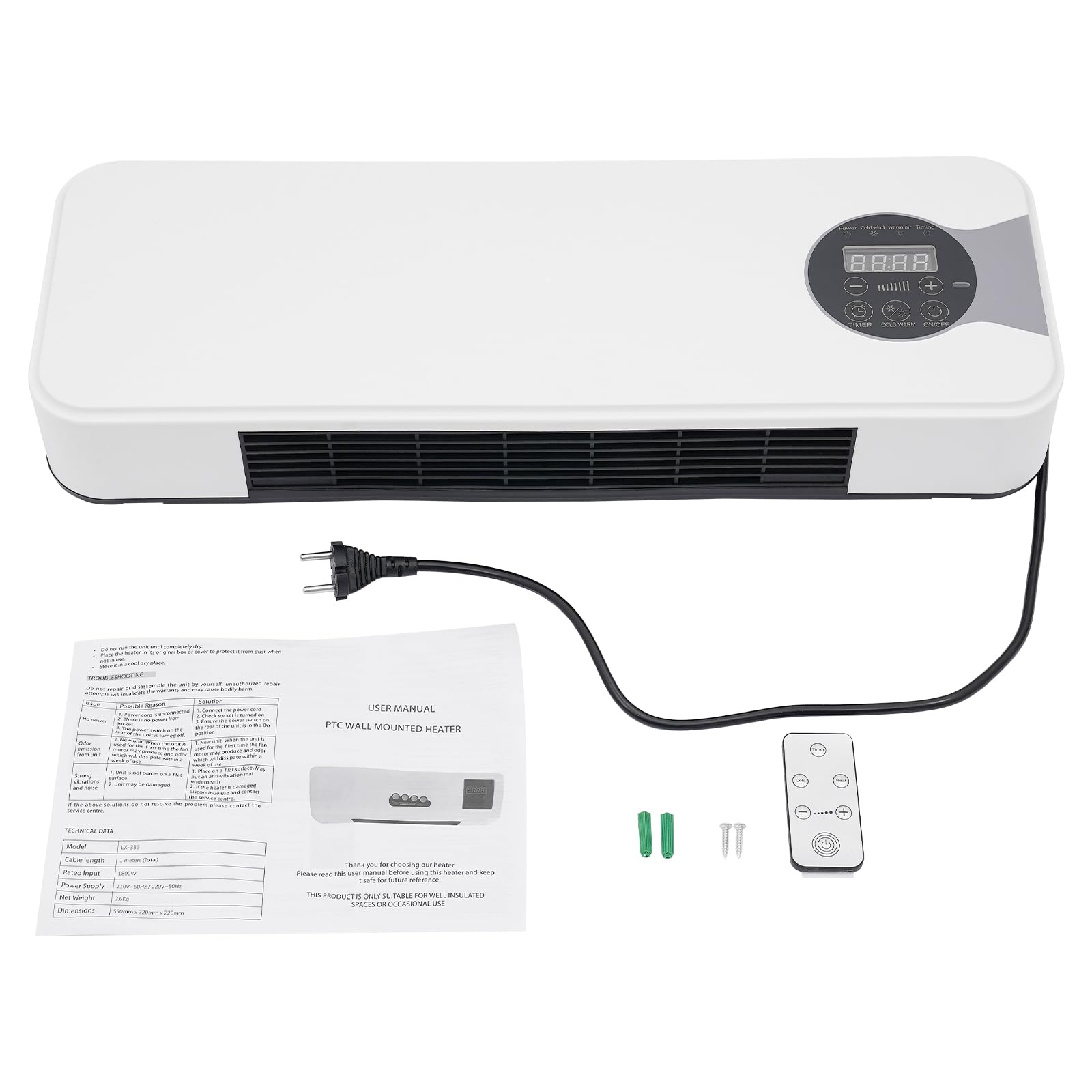Raffreddatore da parete e riscaldamento multifunzione con riscaldamento PTC 1200 W e modalità di raffreddamento 5 W, climatizzatore da parete con telecomando e timer, refrigeratore d'aria