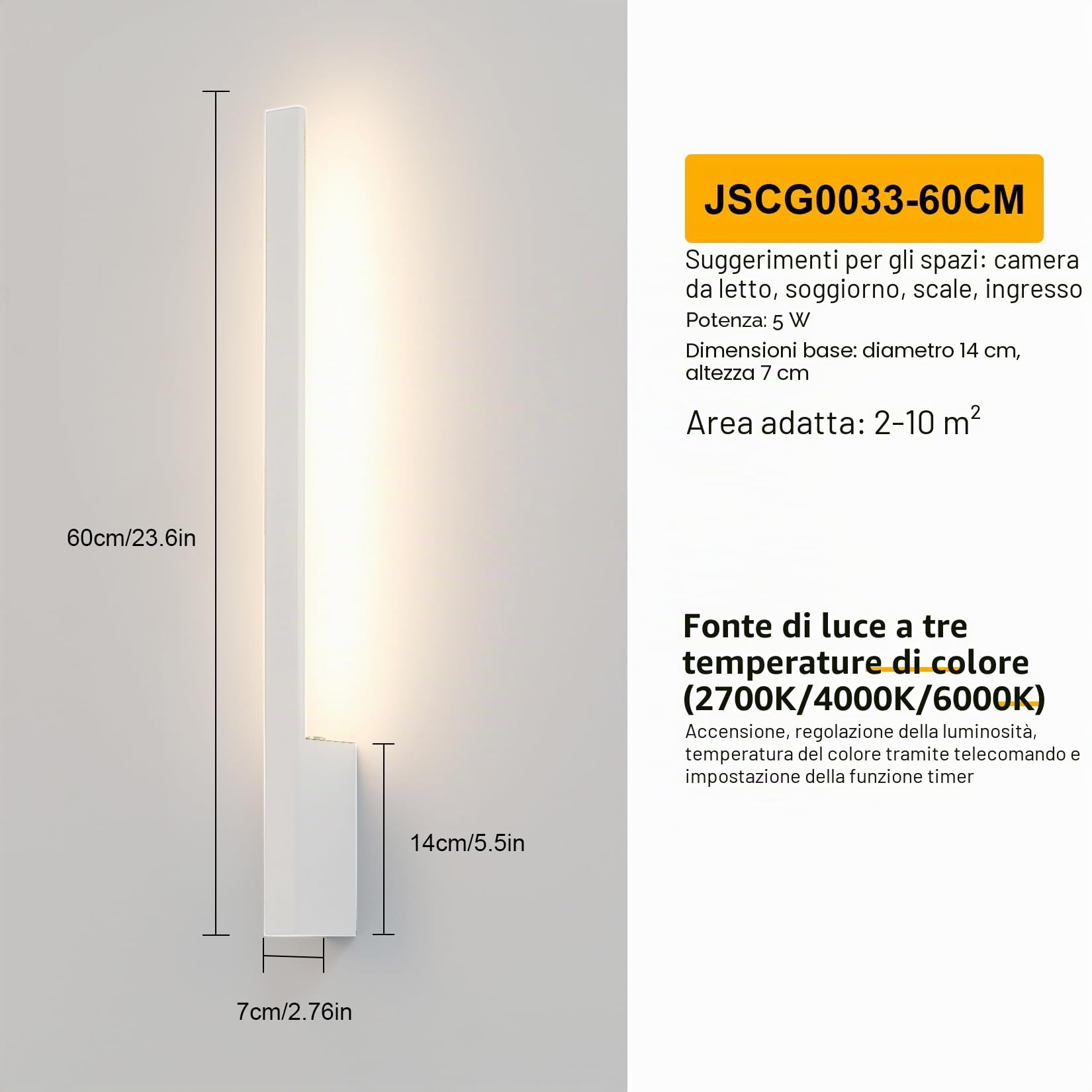 Klighten 6000 mAh Applique da Parete Interno Dimmerabile Batteria Operata,2PCS Lampada da parete Senza Fili con Telecomando,Lampada da Muro Batteria Ricaricabile USB,3000K-6000K,60 cm,5W,Bianco