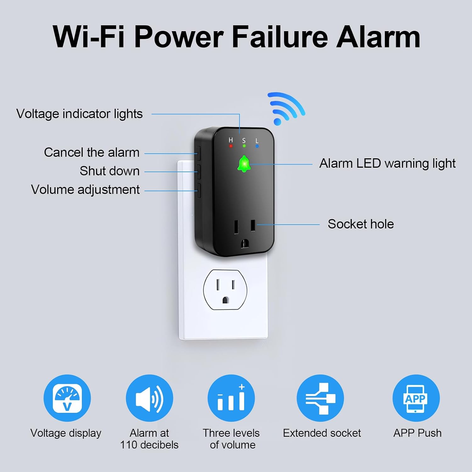 Power Failure Alarm WiFi, 110dB Loud Freezer Smart Power Outage Alarm with LED Indicator, 3 Volume Levels & Voltage Detection, Socket Expansion, App Alerts, for Refrigerator, Sump Pump, Aquarium