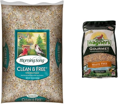 Morning Song Clean & Free - Alimento para pájaros silvestres sin cáscara, sin ensuciar, para comederos exteriores, bolsa de 10 libras y Wagner's