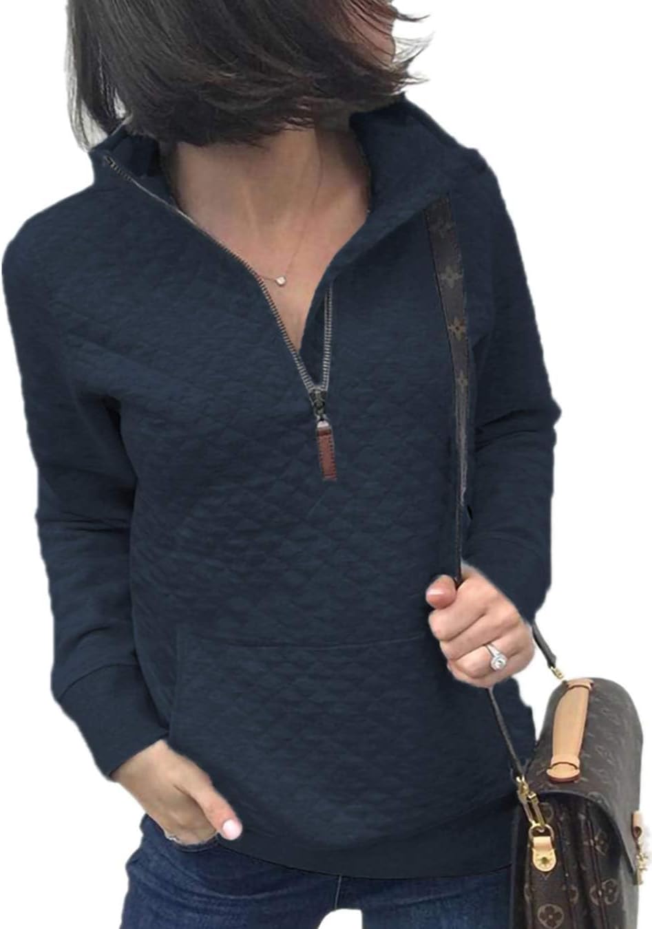 Womens Quarter Zip Sweatshirts Quilted Long Sleeve Casual Fall Pullover Top
