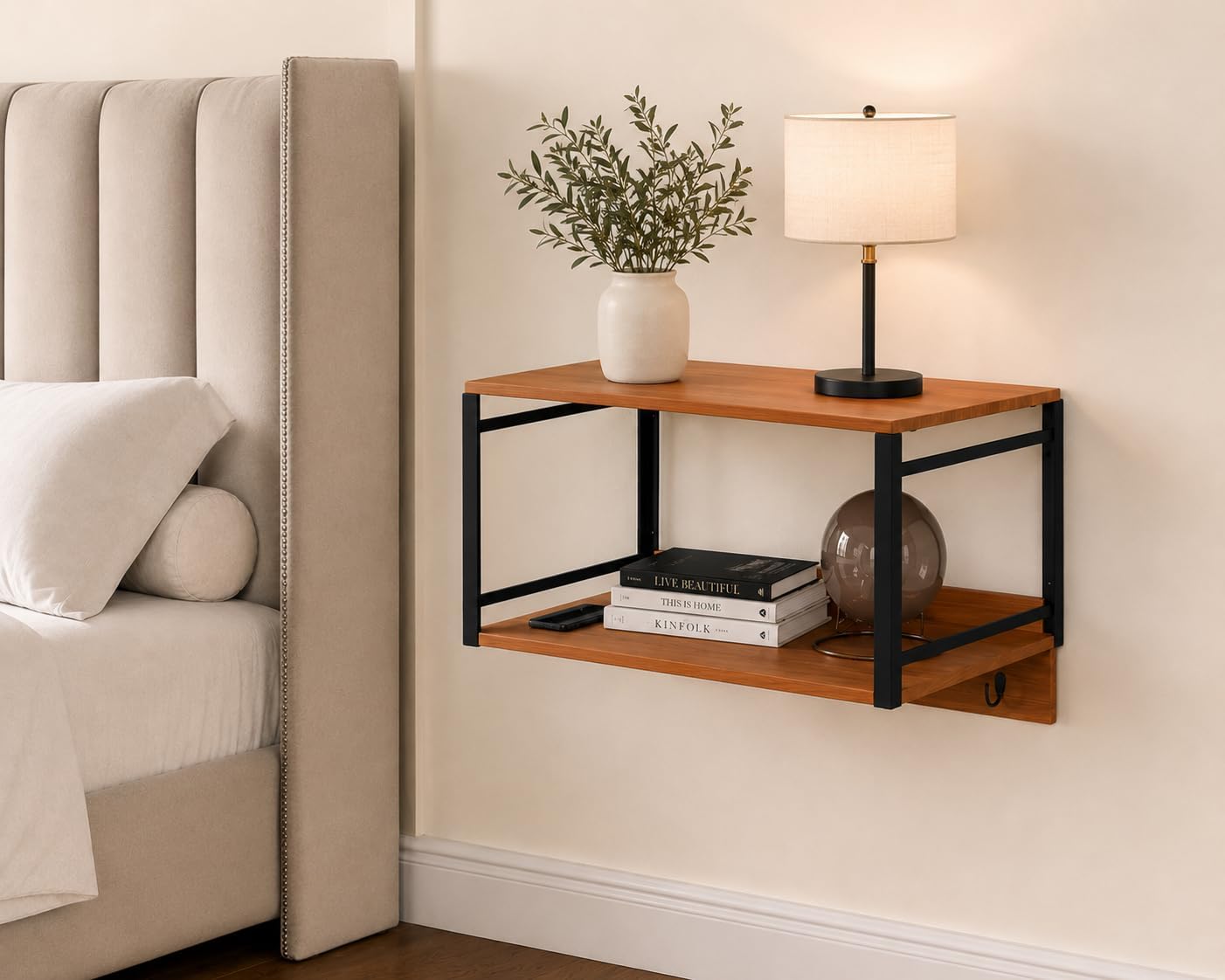 Kevalis Wall Mounted Floating Nightstand with Storage Shelf and Hooks | Space-Saving Bedside Table for Small Bedrooms