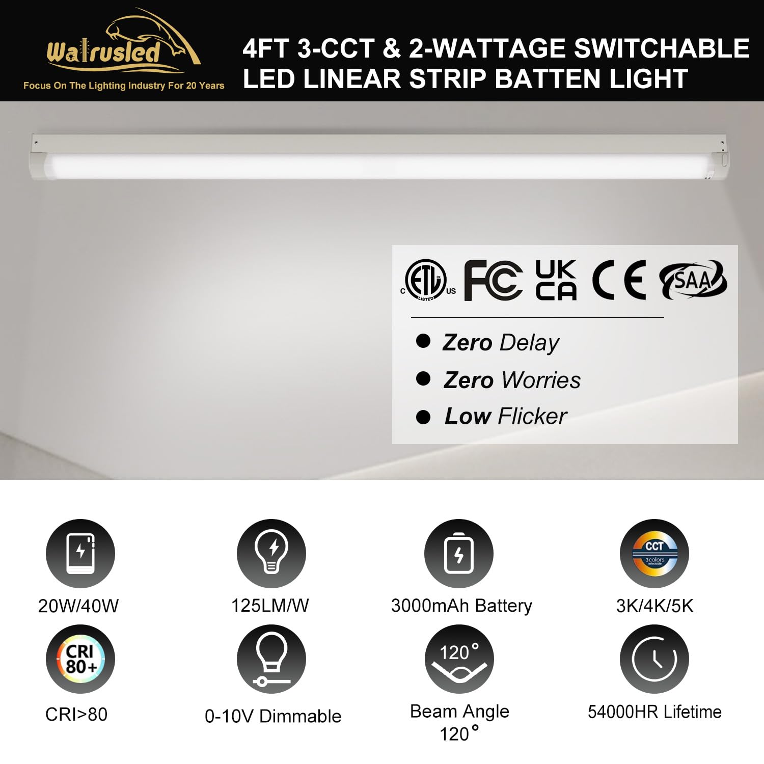 6 Pack 4FT LED Linear Strip Emergency Stairwell Light 3 CCT Selectable 20W 40W 2500lm 5000lm Battery Backup — view 2