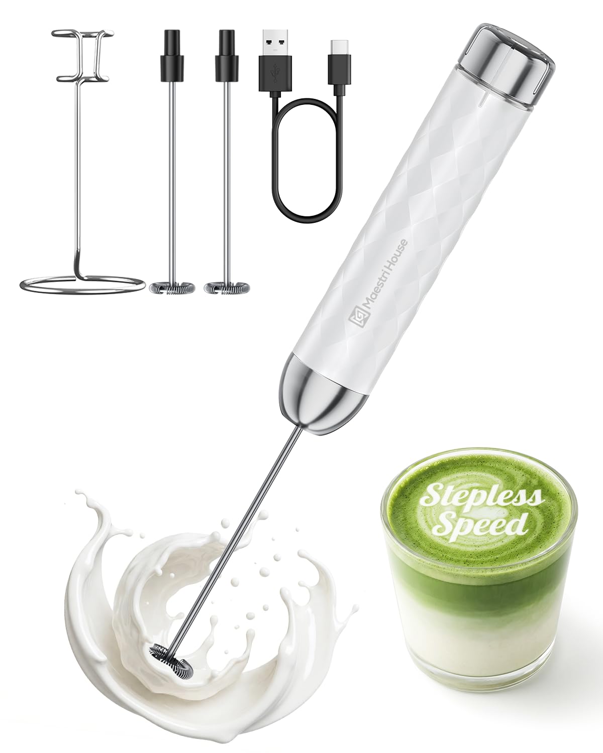 Maestri House Milk Frother with Stepless Speed ββControl, Rechargeable Frother with Detachable Whisks and Stainless Steel Stand, Drink Mixer for Matcha, Latte, Cappuccino, LunaFro 2.0(White)