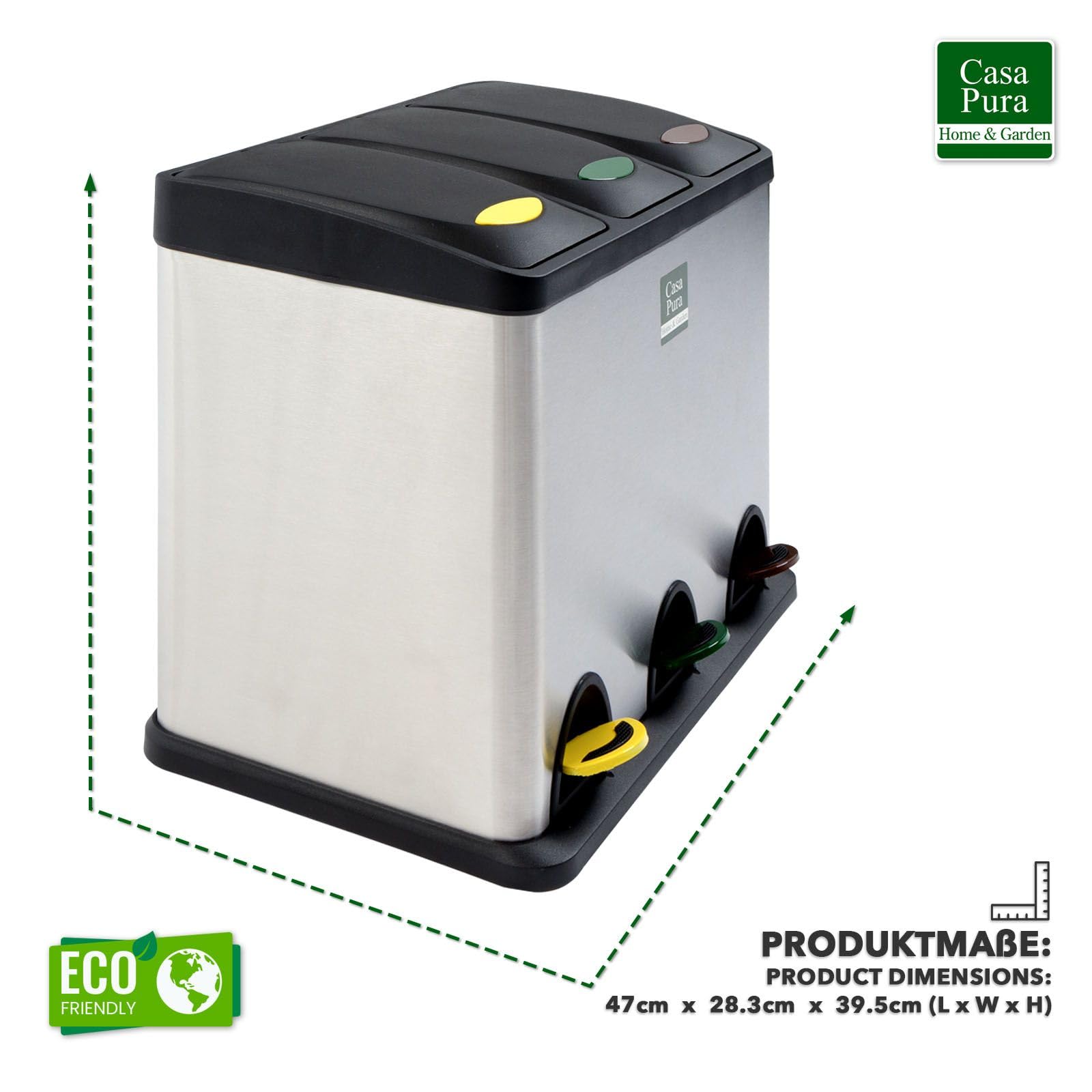 Floordirekt Cubo de Basura Con 2 o 3 Compartimentos, 24 L, de Acero Inoxidable, Incluye 15 Bolsas, Para Cocina, Papel y Basura Orgánica