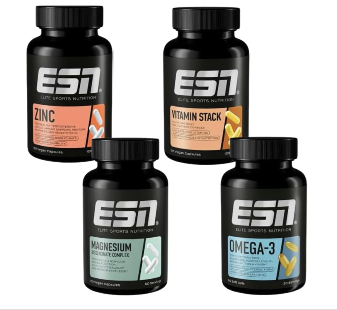 ESN Vitalstoffbundle, 4er Set mit 480 Kapseln | Magnesium Bisglycinat, Omega 3, Vitamin Stack & Zinc Bisglycinat, hochdosiert, Nahrungsergänzung