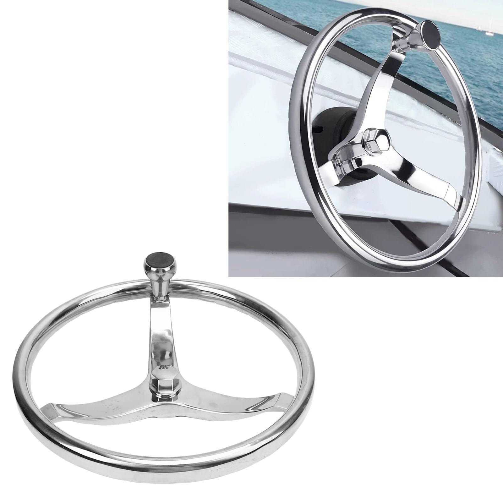 Gugxiom Koło Kierownicze ze Stali Nierdzewnej, 3 Przemówienie o średnicy 13-1/2 "z gałką Spinner, z nakrętką 5/8" -18 dla i Verado, Wygodne Uchwycenie