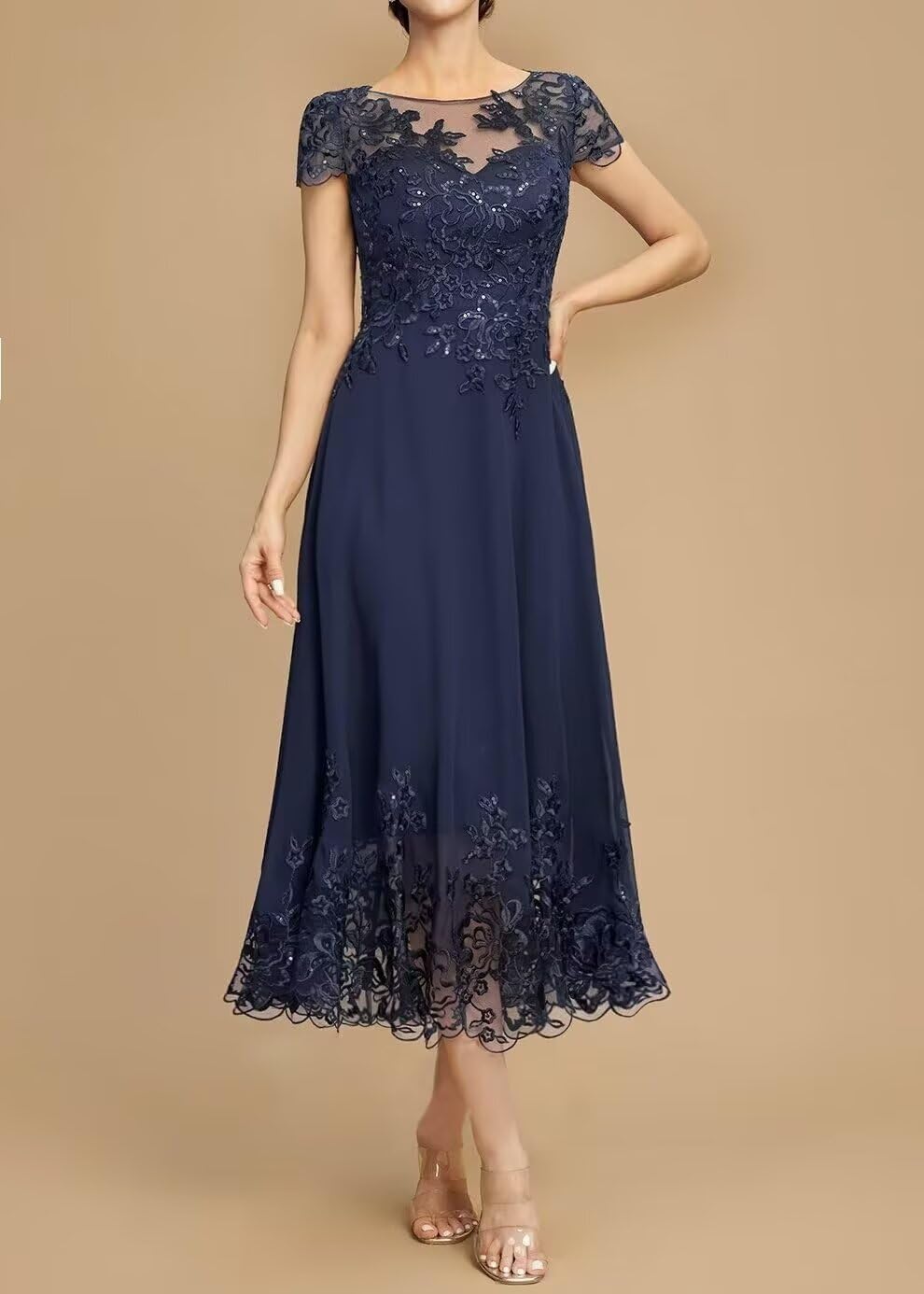Women's Chiffon Tea Length Mother of The Bride Dress Lace Applique Cap Sleeves Formal Wedding Guest Dresses