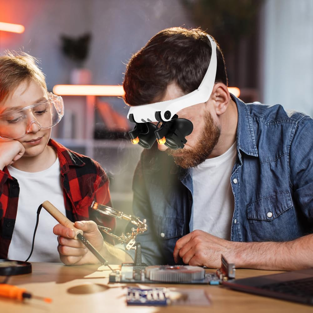 CEWROM Okulary z lupą z 2 diodami LED, maks. 10-krotne powiększenie, lupa czołowa, lupa z oświetleniem LED, lupa do montażu na głowie z 12 soczewkami do prac bliskich, czytania, majsterkowania, sztuki