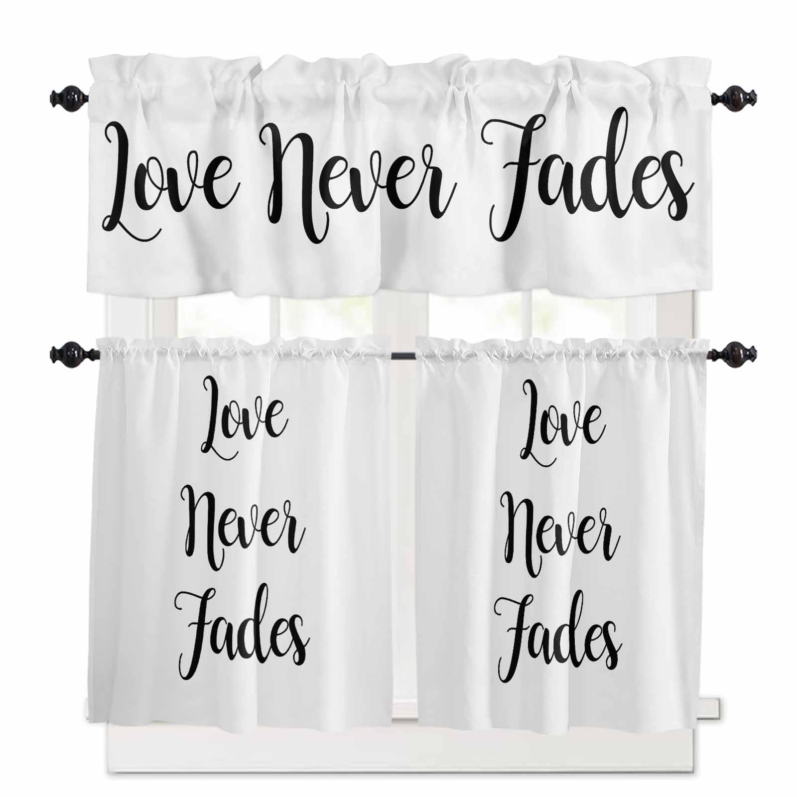 Love Never Fades Kitchen Curtains 36 Inch Length, 3 Piece Rod Pocket Small Half Tiers and Valance Set, Simple Black Words Small Large Window Treatment Decor for Bedroom/Bathroom Sink