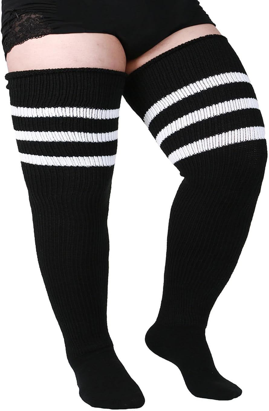 Women's Plus Size Thigh High Socks for Thick Thighs - Striped Over the Knee Leg Warmer Boot Socks