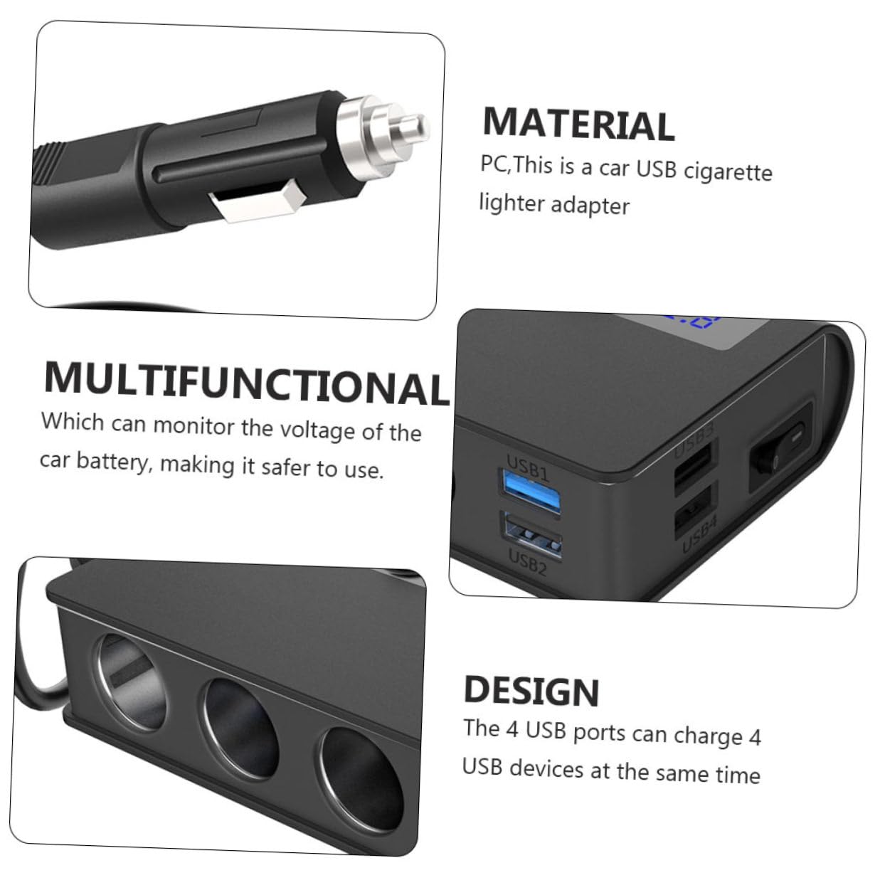 Uonlytech Caricabatterie Auto 3 Prese 4 Porte Usb, 180w Max, Rilevamento Intelligente e Protezione da Sovracorrente per Telefoni Cellulari